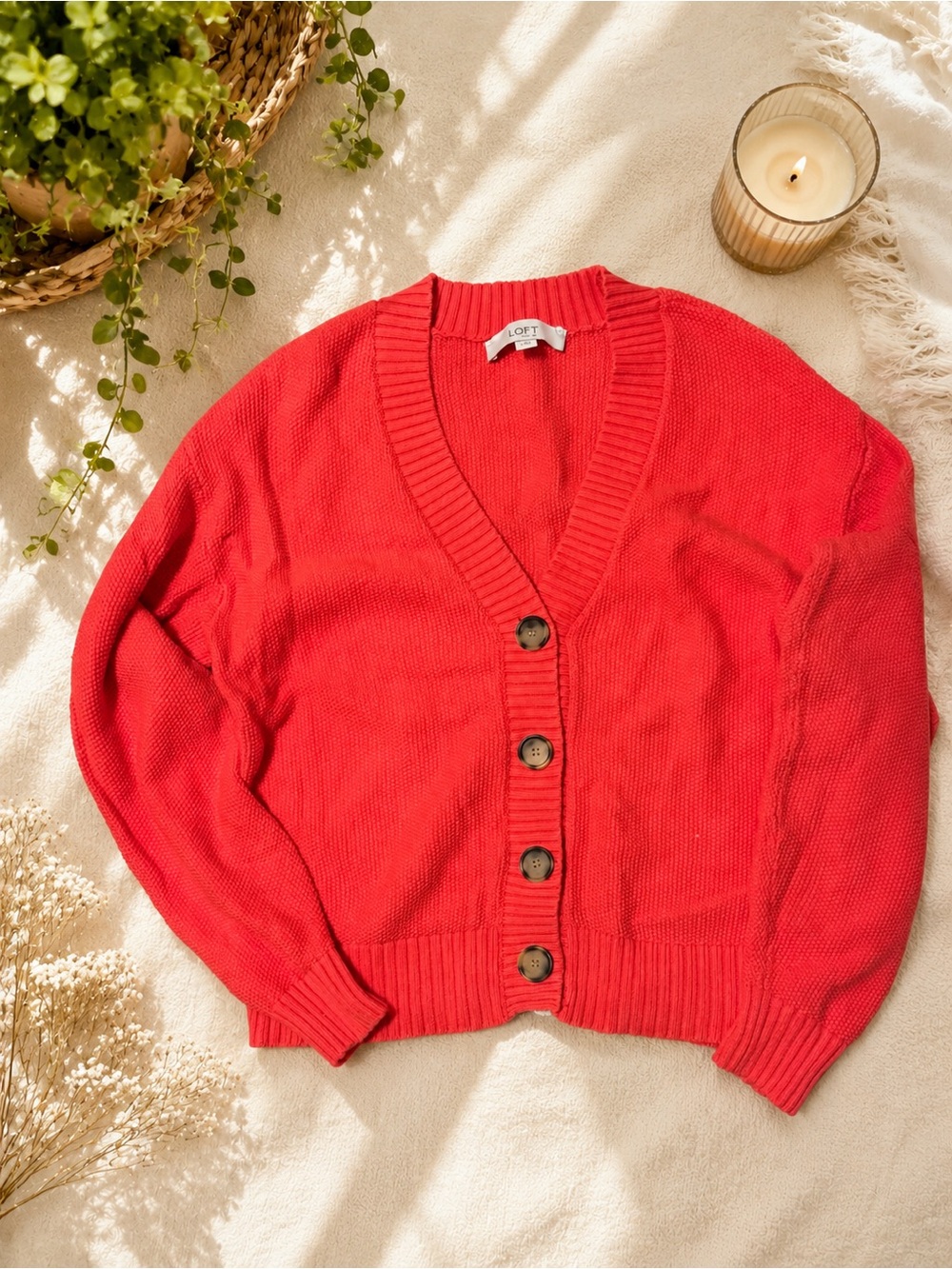 LOFT Bright Red V-Neck Button Cardigan - Picture 3 of 4